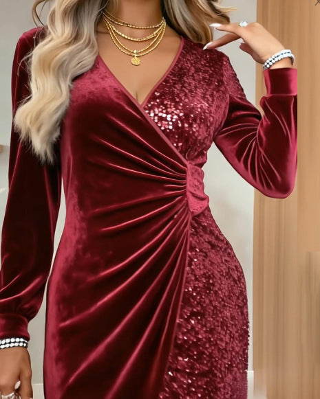 Wow Look V-neck Sequin Velvet Bodycon Dress