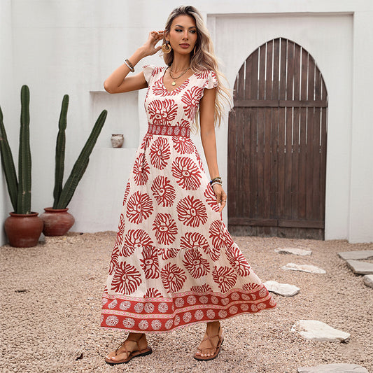 Trendy Summer Fit-and-Flare Long V-Neck Print Dress
