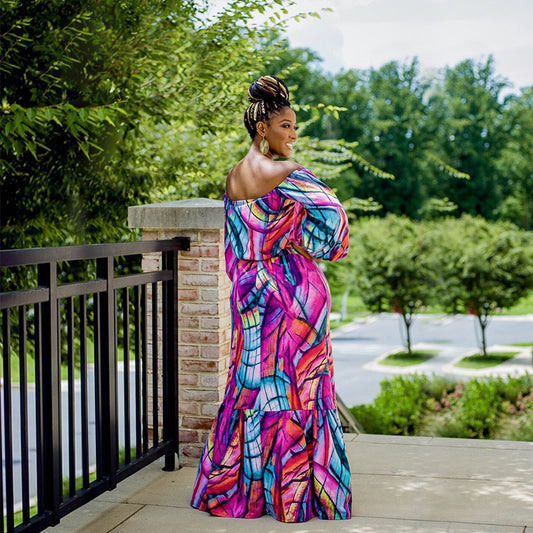 Printed Strapless Neckline Long-Sleeved Dress Suit