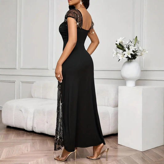 Elegant Bright Diamond Embellished Slim Split Long Dress