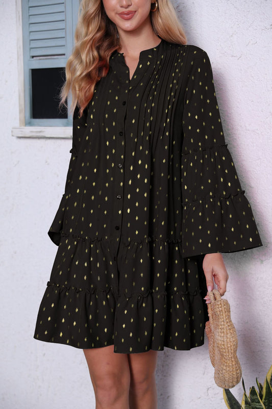 Pleated Loose & Flared Long Sleeve Summer Button Design Dress
