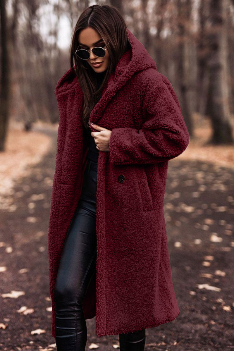 Elegant Plush Autumn Winter Long Coat with Hood