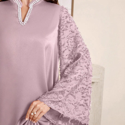 Comfortable And Elegant Long Gown With Pearl-trimmed Collar