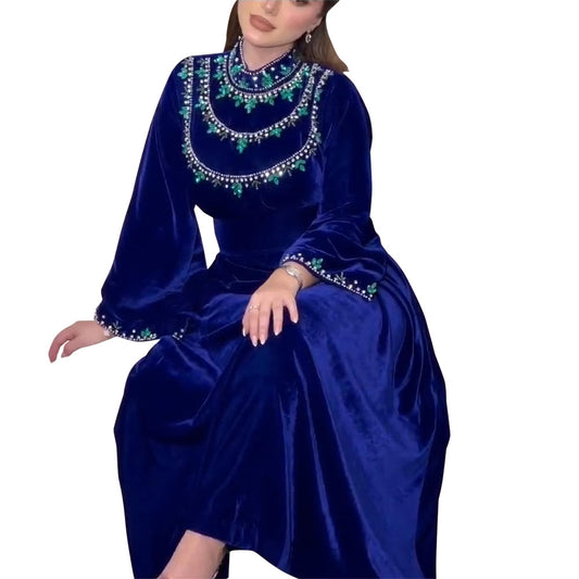Velvet Zipper Drop-shaped Diamond Middle Eastern Dress