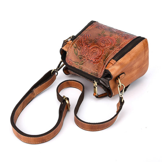 Hand Embossed Leather Vintage look handbag with strap