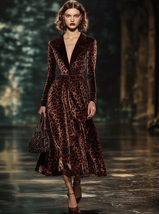 Retro Lapel Velvet Leopard-Print Dress