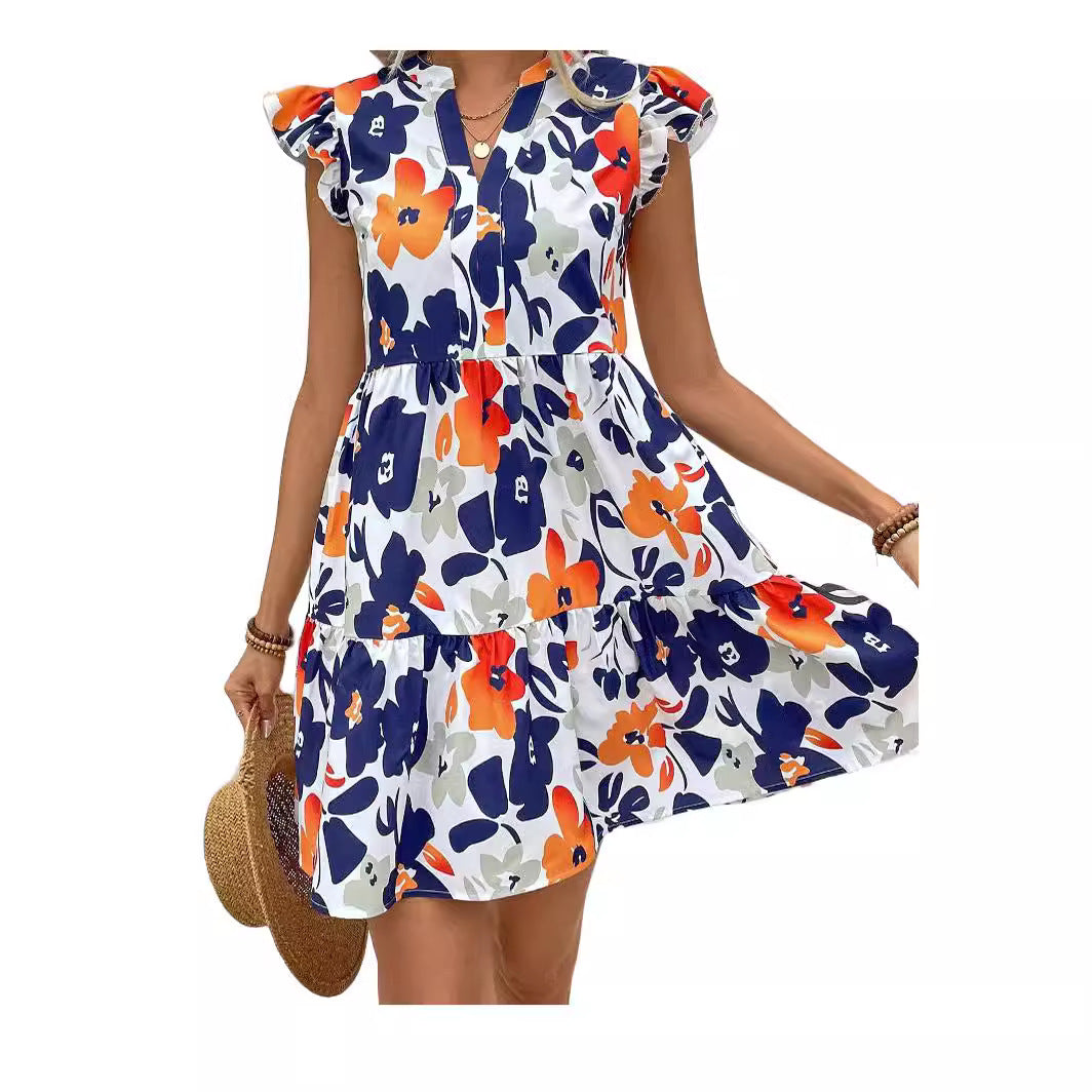 Summer Flair Printed Ruffled Hem Notched Collared Mini Bay Sleeve Dress