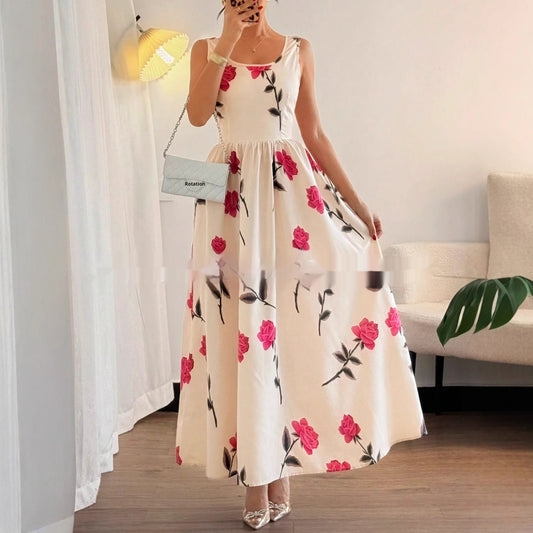 Cool Floral Print Square-Neck Sleeveless Elegant Dress