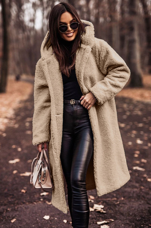Elegant Plush Autumn Winter Long Coat with Hood