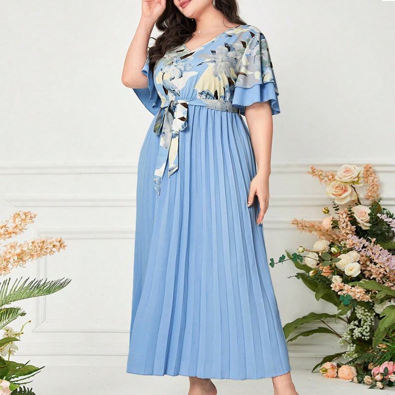 Summer V-neck Spliced Slim-fit Ladies Dress