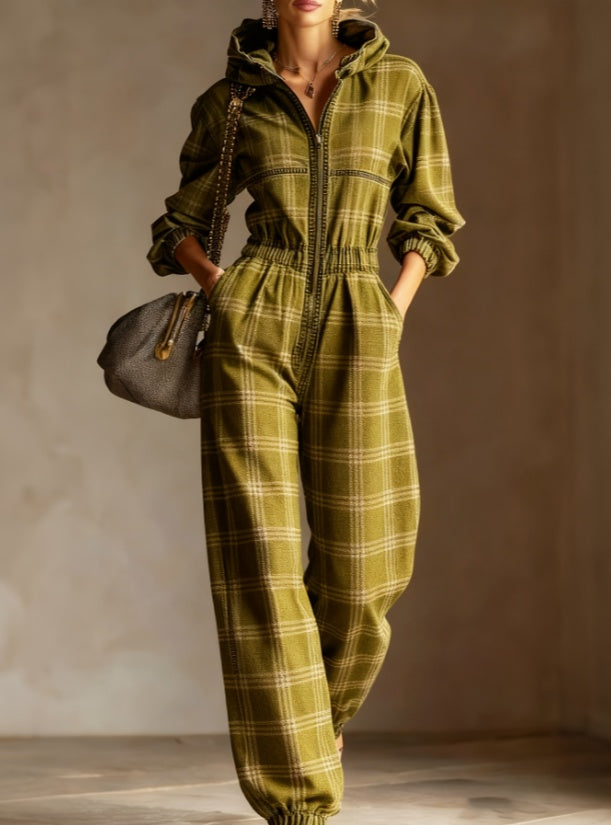 Casual Retro Plaid Hooded Jumpsuit