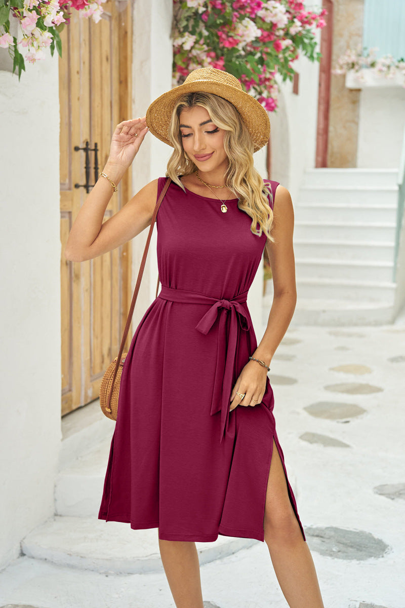 Sleeveless Summer Dress With Pockets & Waist Lace-up Slits
