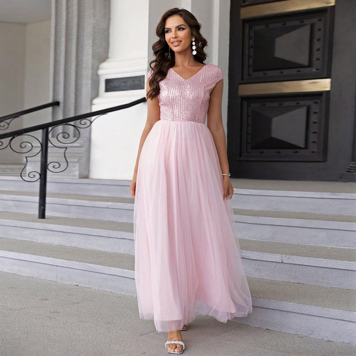 Color Sequined Mesh Cloth Cover Formal Dress