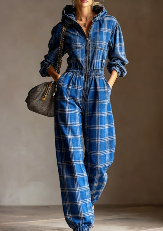 Casual Retro Plaid Hooded Jumpsuit