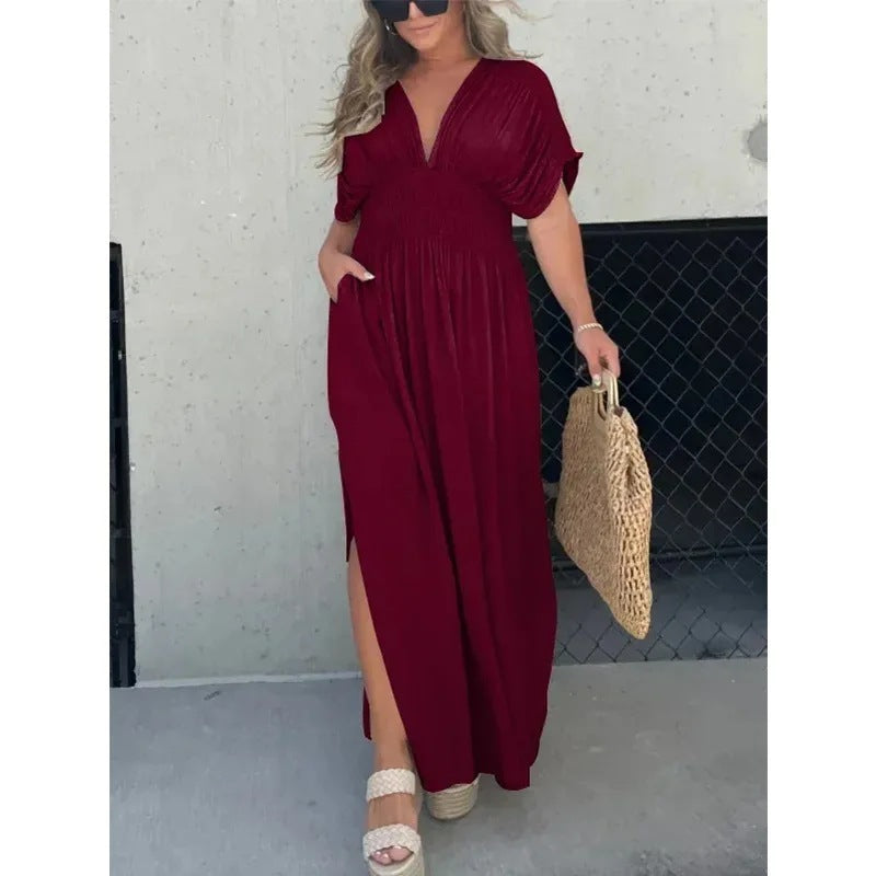Trendy Bat-sleeved V-neck Slit Dress Summer Short Sleeve Elastic Waist Long Dresses