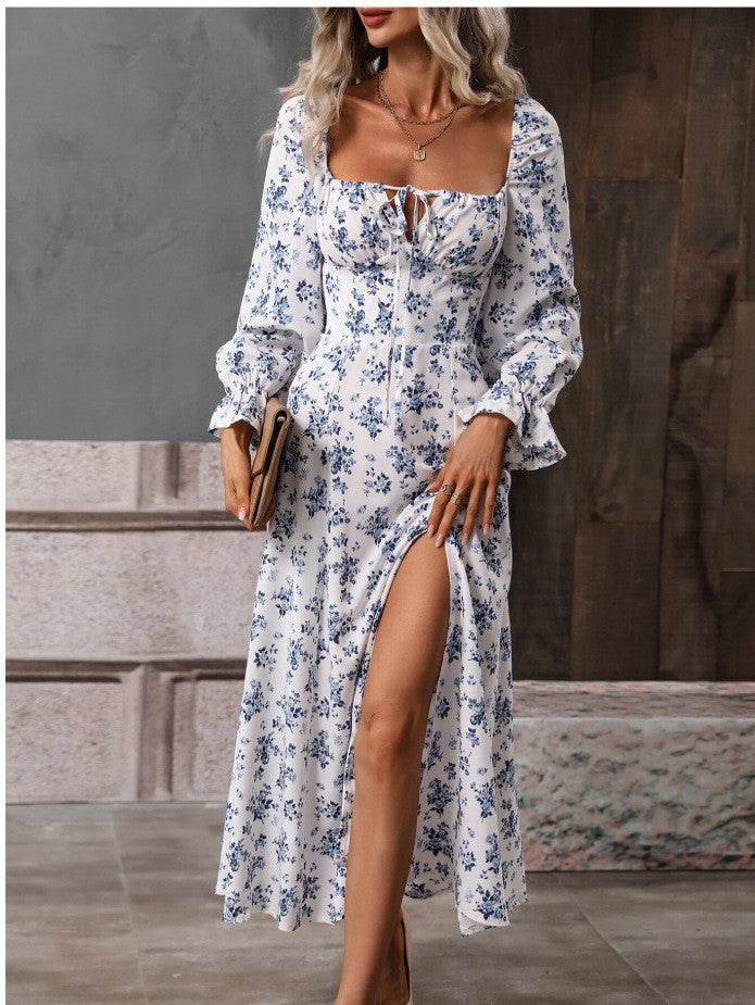 Trendy Long Sleeve Square-neck Bottom Slit Dresses