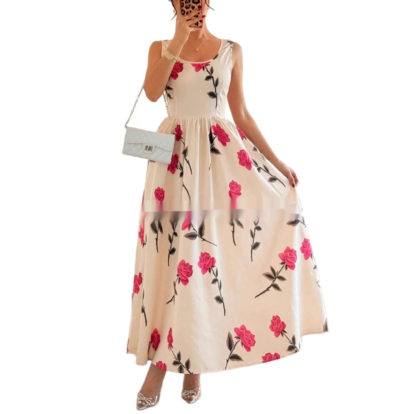Cool Floral Print Square-Neck Sleeveless Elegant Dress