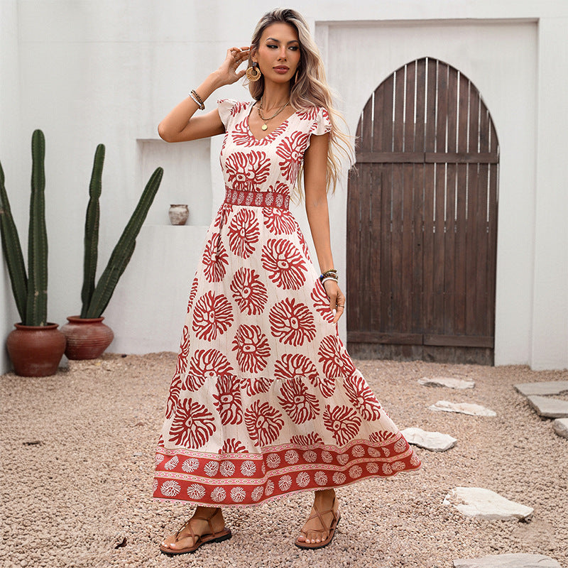 Trendy Summer Fit-and-Flare Long V-Neck Print Dress