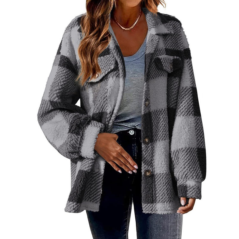Plaid Button Down Woolen Jacket for Autumn And Winter