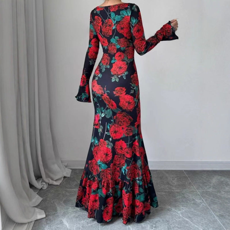 Elegant Slim-fit Round Neck Rose Floral Flared Sleeve Bodycon Dress