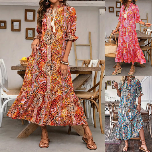 New Printed Lace-up Mid-sleeve Ruffled Dress
