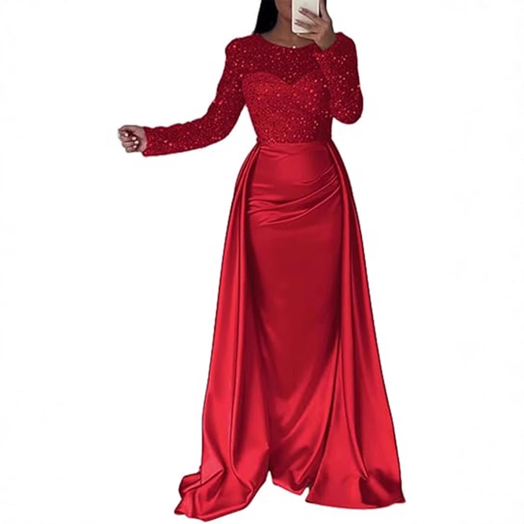 Dazzling Queen Sequin Evening Gowns in red with long sleeves and a flared hem, featuring sparkling sequins.