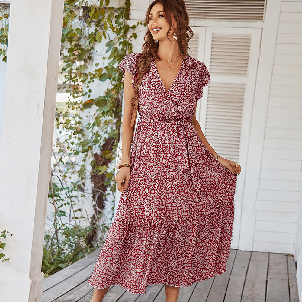 Ruffle Sleeve V Neck Boho Floral Summer Dress