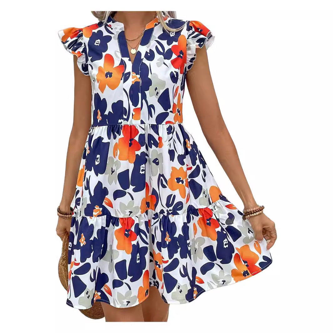 Summer Flair Printed Ruffled Hem Notched Collared Mini Bay Sleeve Dress