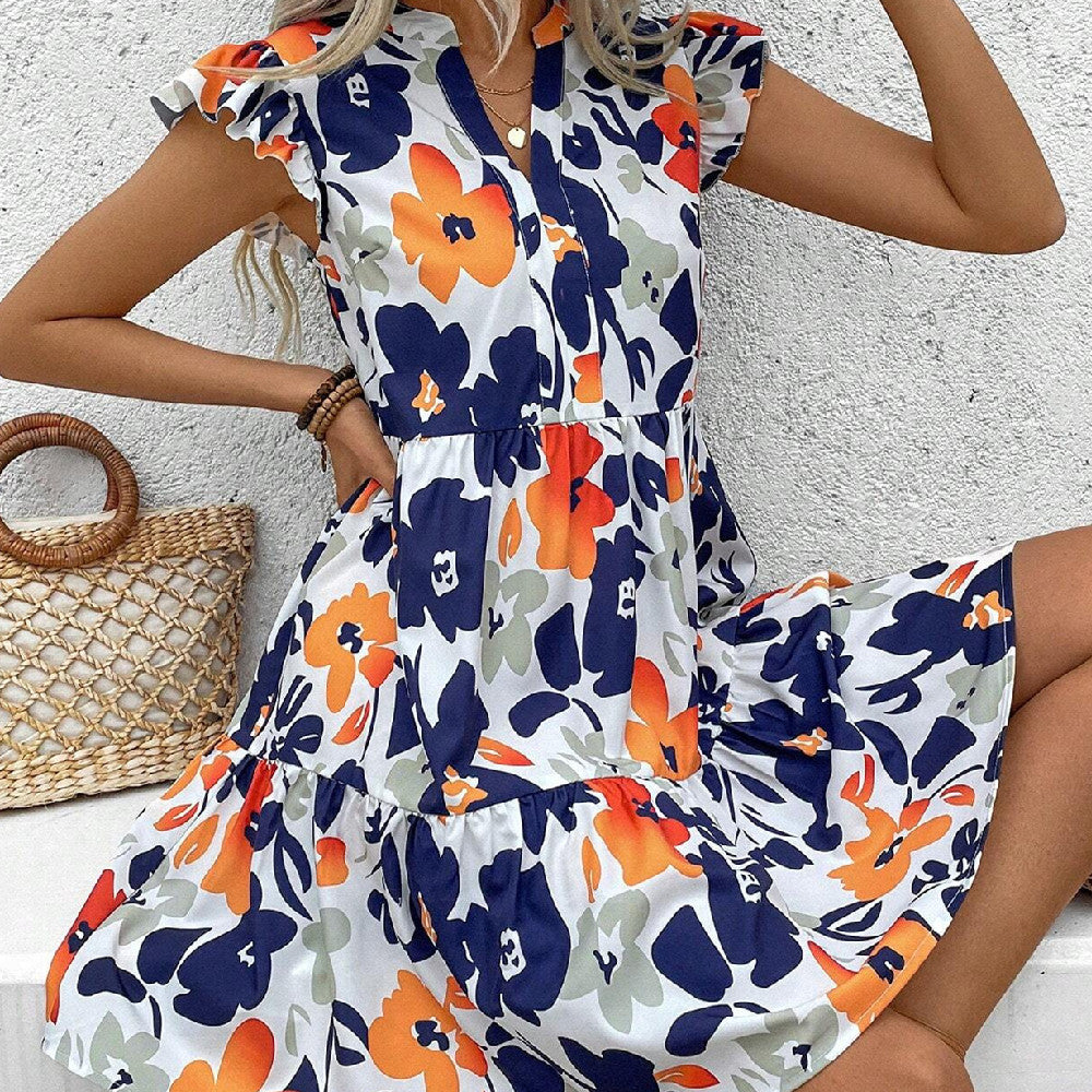 Summer Flair Printed Ruffled Hem Notched Collared Mini Bay Sleeve Dress