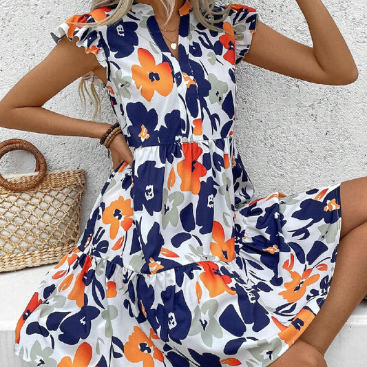 Summer Flair Printed Ruffled Hem Notched Collared Mini Bay Sleeve Dress