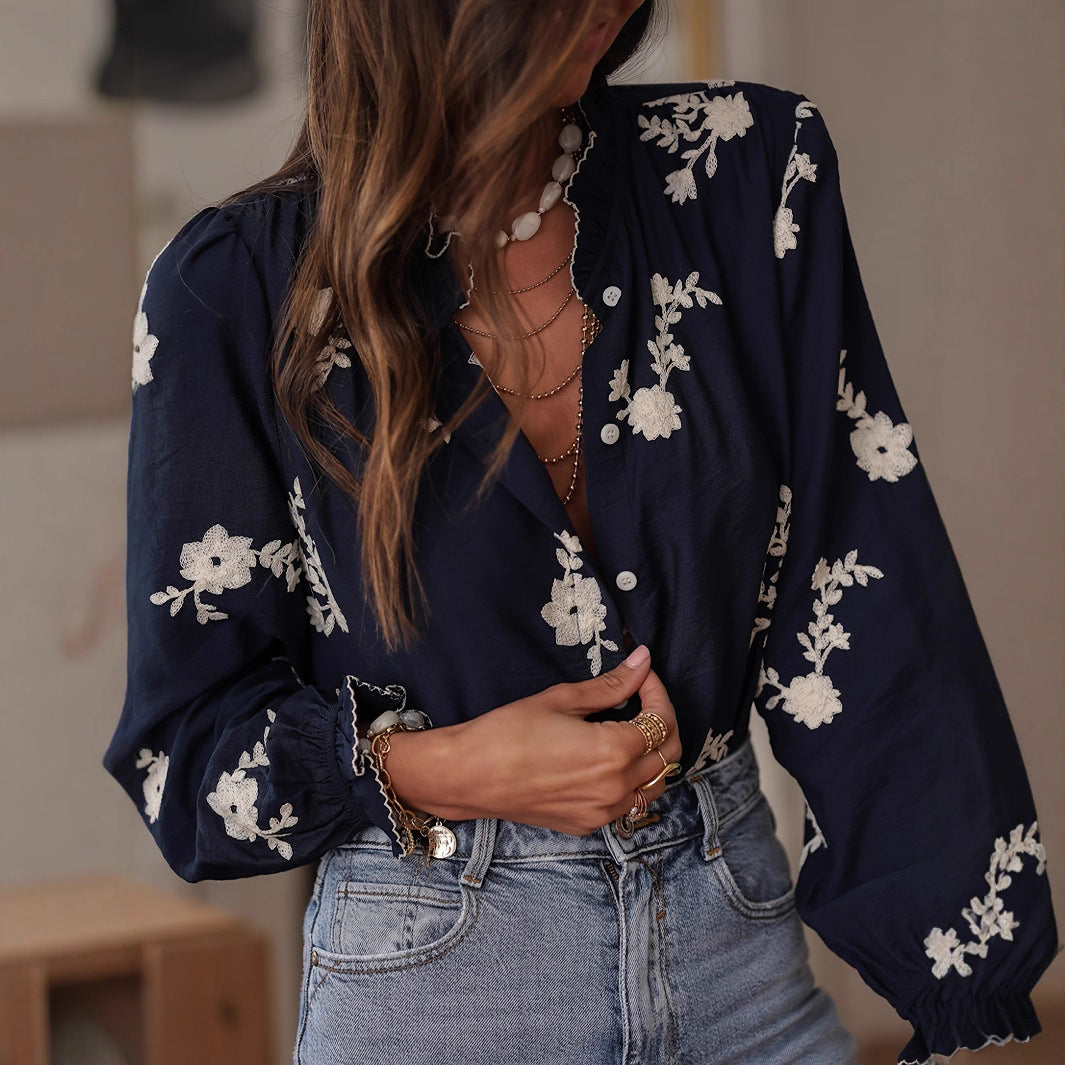 Long-sleeved Western-style Chiffon Blouse With Embroidery