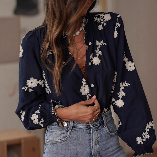 Long-sleeved Western-style Chiffon Blouse With Embroidery