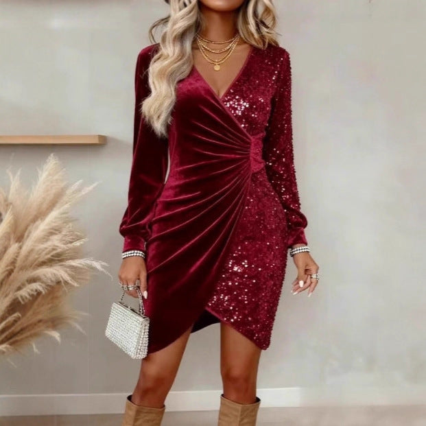 Wow Look V-neck Sequin Velvet Bodycon Dress