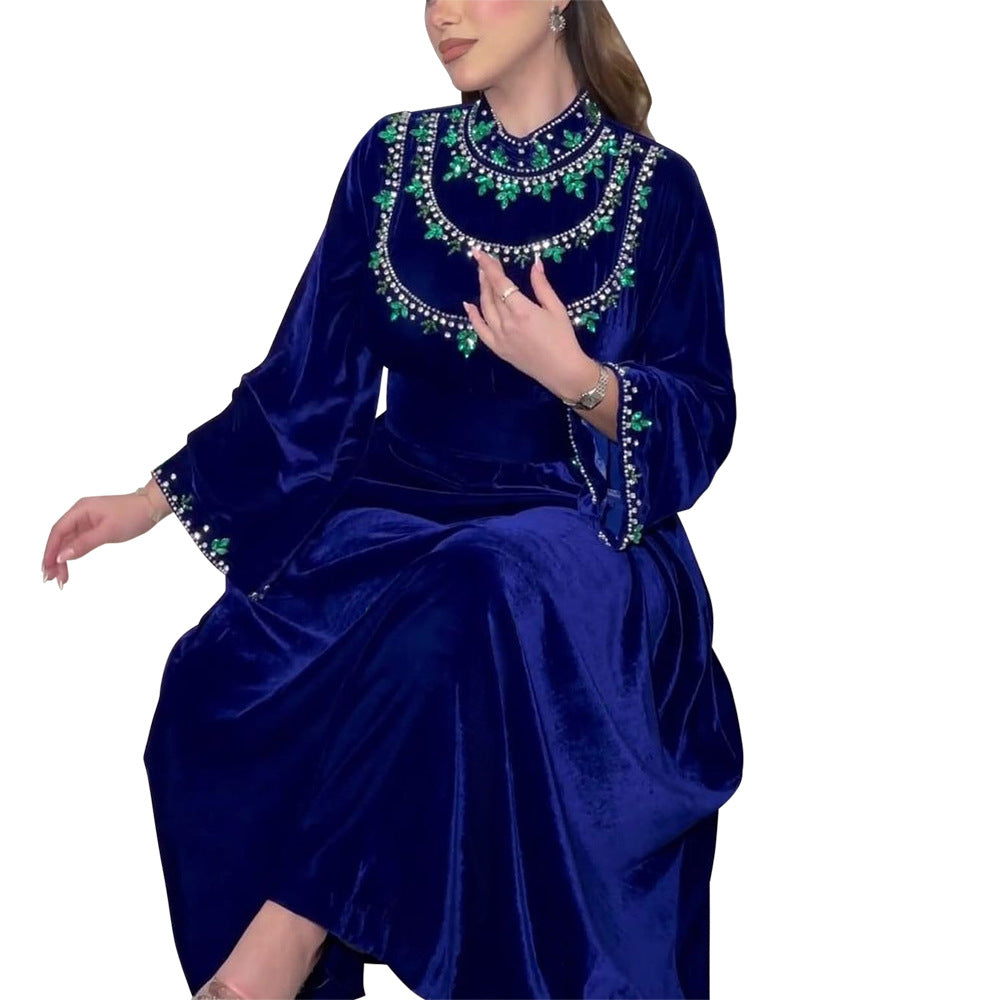 Velvet Zipper Drop-shaped Diamond Middle Eastern Dress