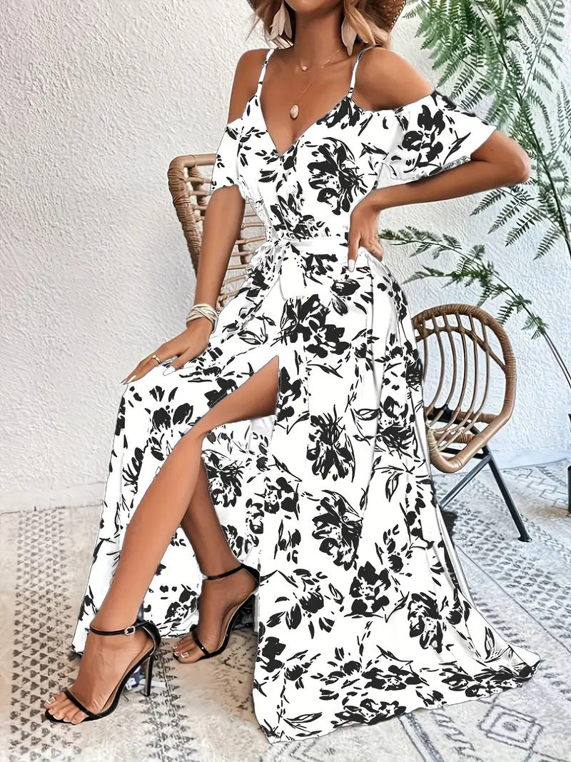 Summer Off-Shoulder Split Floral Print Long Dress With Belt Design