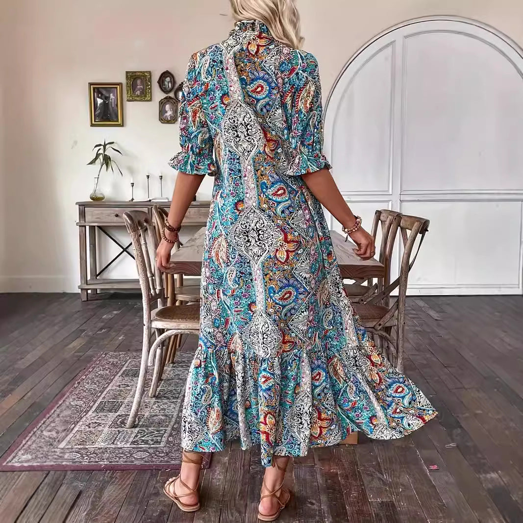 New Printed Lace-up Mid-sleeve Ruffled Dress