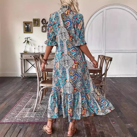 New Printed Lace-up Mid-sleeve Ruffled Dress