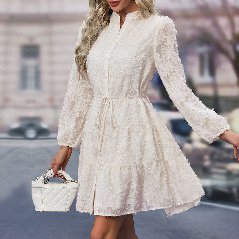 Classy Lace Tied Long Sleeve Medium Length  Dress