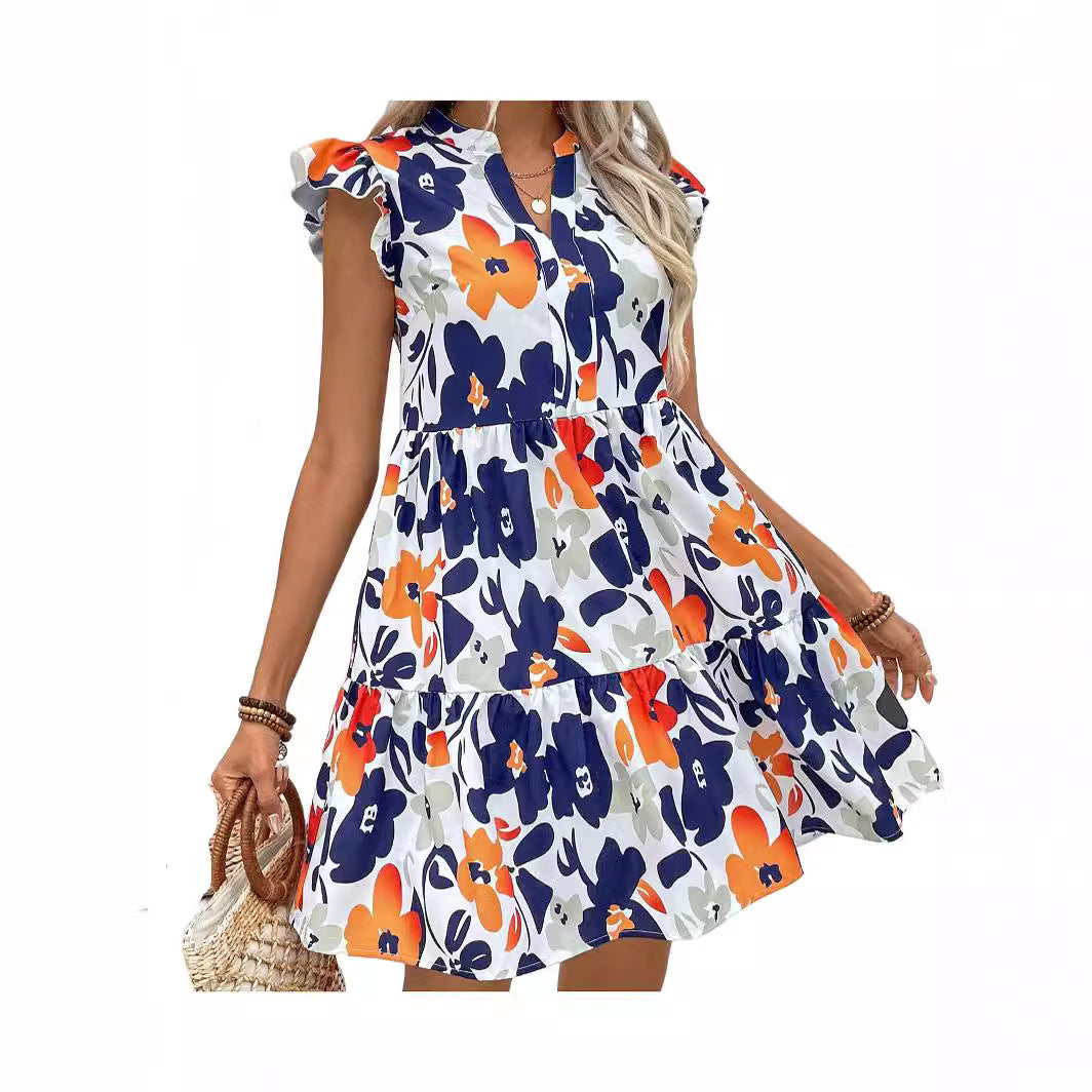 Summer Flair Printed Ruffled Hem Notched Collared Mini Bay Sleeve Dress