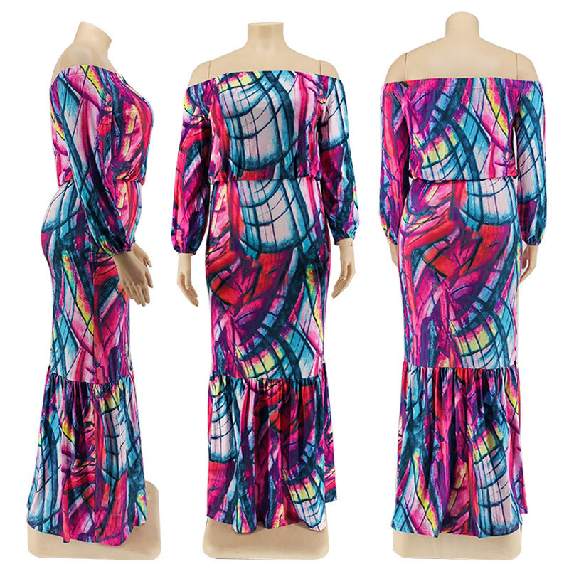 Printed Strapless Neckline Long-Sleeved Dress Suit