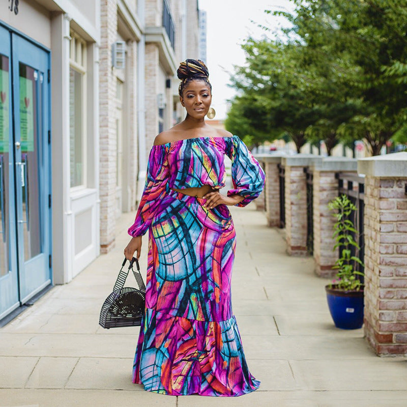 Printed Strapless Neckline Long-Sleeved Dress Suit