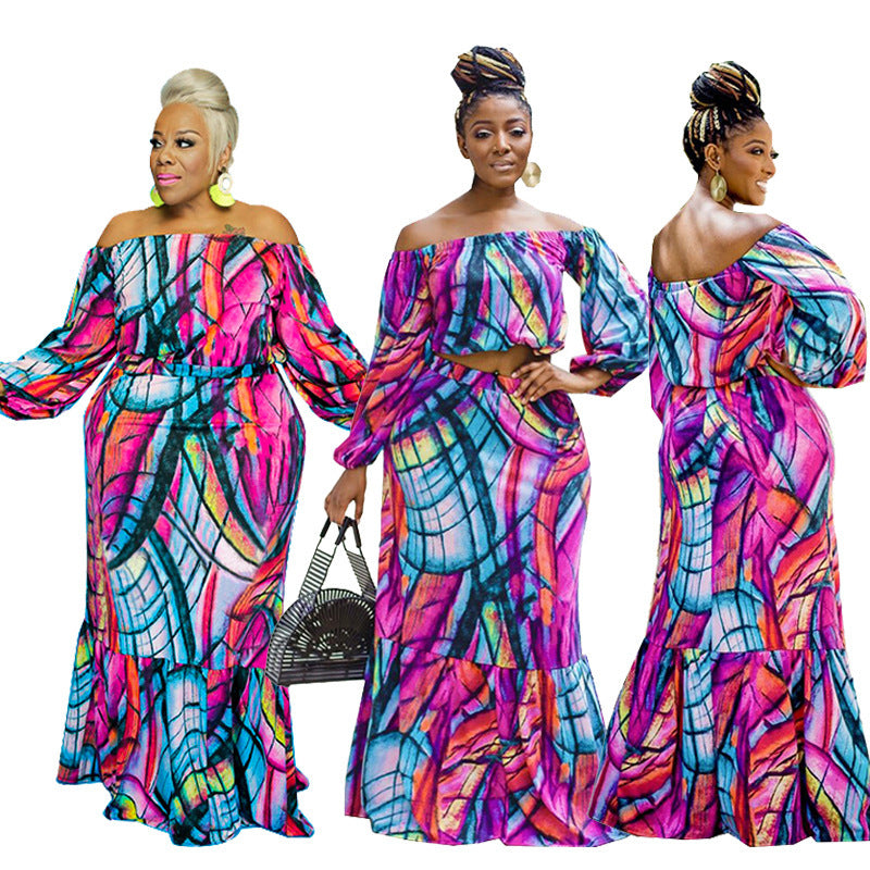 Printed Strapless Neckline Long-Sleeved Dress Suit