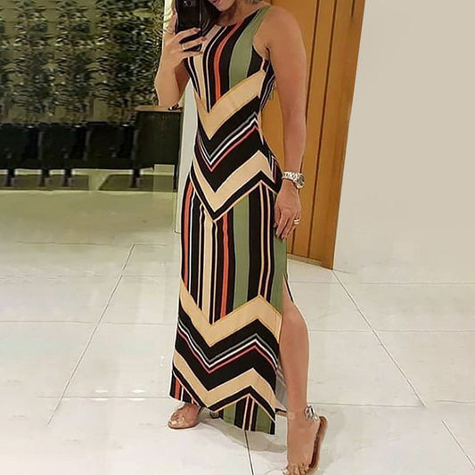 Colorful Striped Print Side Slit Maxi Dress Women Sleeveless Slim Long Dress