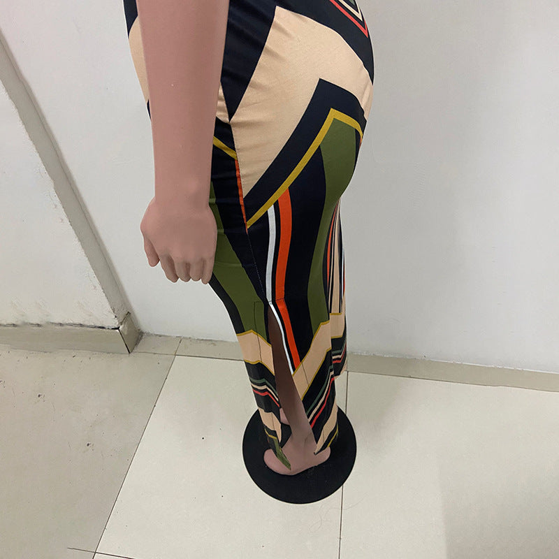 Colorful Striped Print Side Slit Maxi Dress Women Sleeveless Slim Long Dress