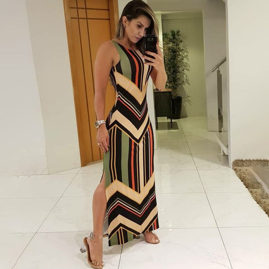 Colorful Striped Print Side Slit Maxi Dress Women Sleeveless Slim Long Dress