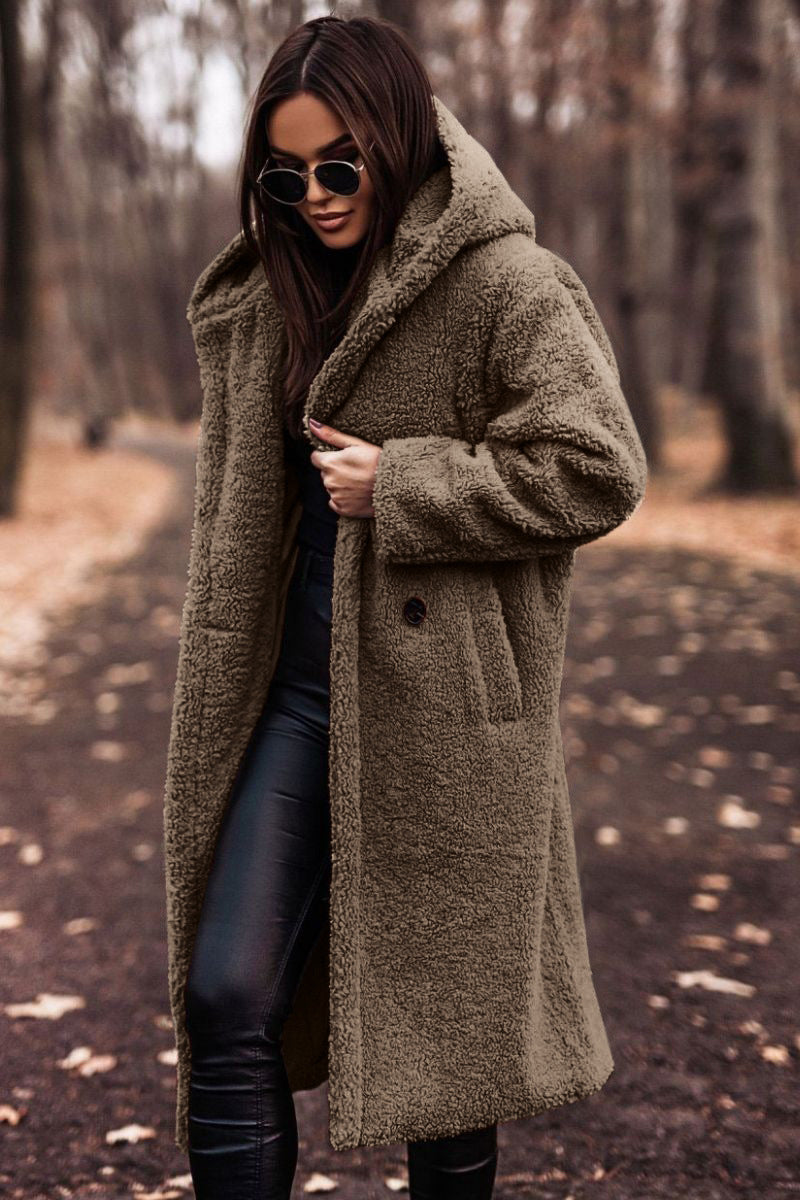 Elegant Plush Autumn Winter Long Coat with Hood