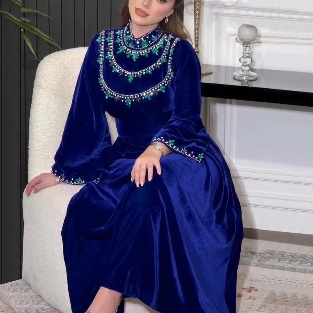 Velvet Zipper Drop-shaped Diamond Middle Eastern Dress