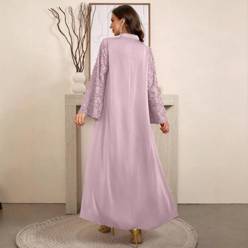Comfortable And Elegant Long Gown With Pearl-trimmed Collar