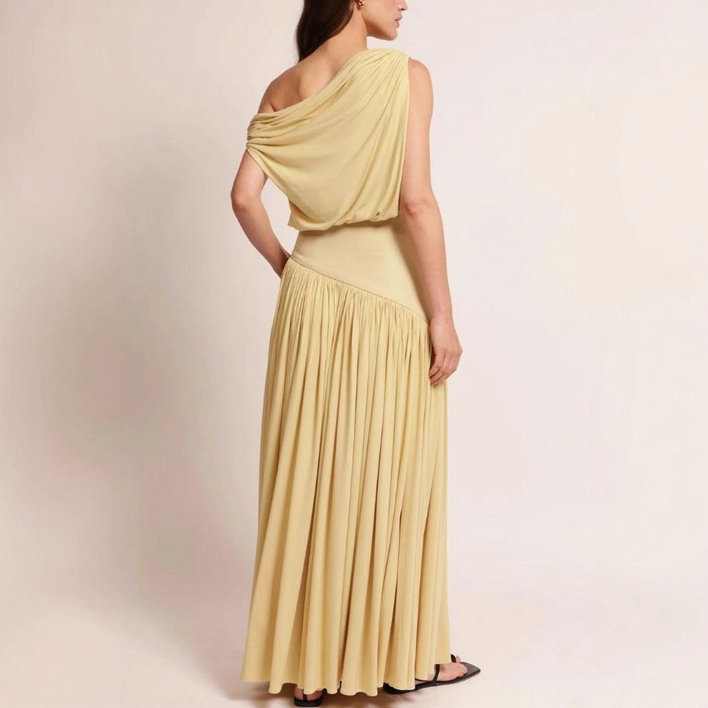 Asymmetrical Neck Off The Shoulder Waist Cinched Long Solid Color Dress