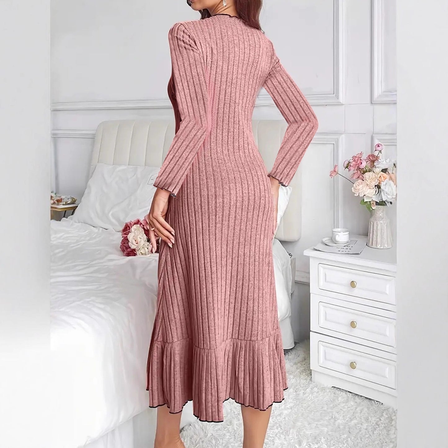 Comfy Solid Color Ruffle Sleeve Long Dress